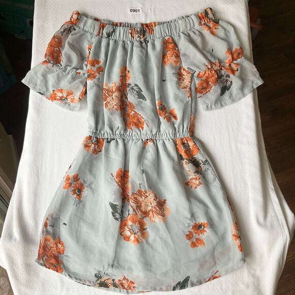 Hint of Blush Off Shoulder Above the Knee Cute Floral Dress size S,Blue & Orange - Picture 1 of 9